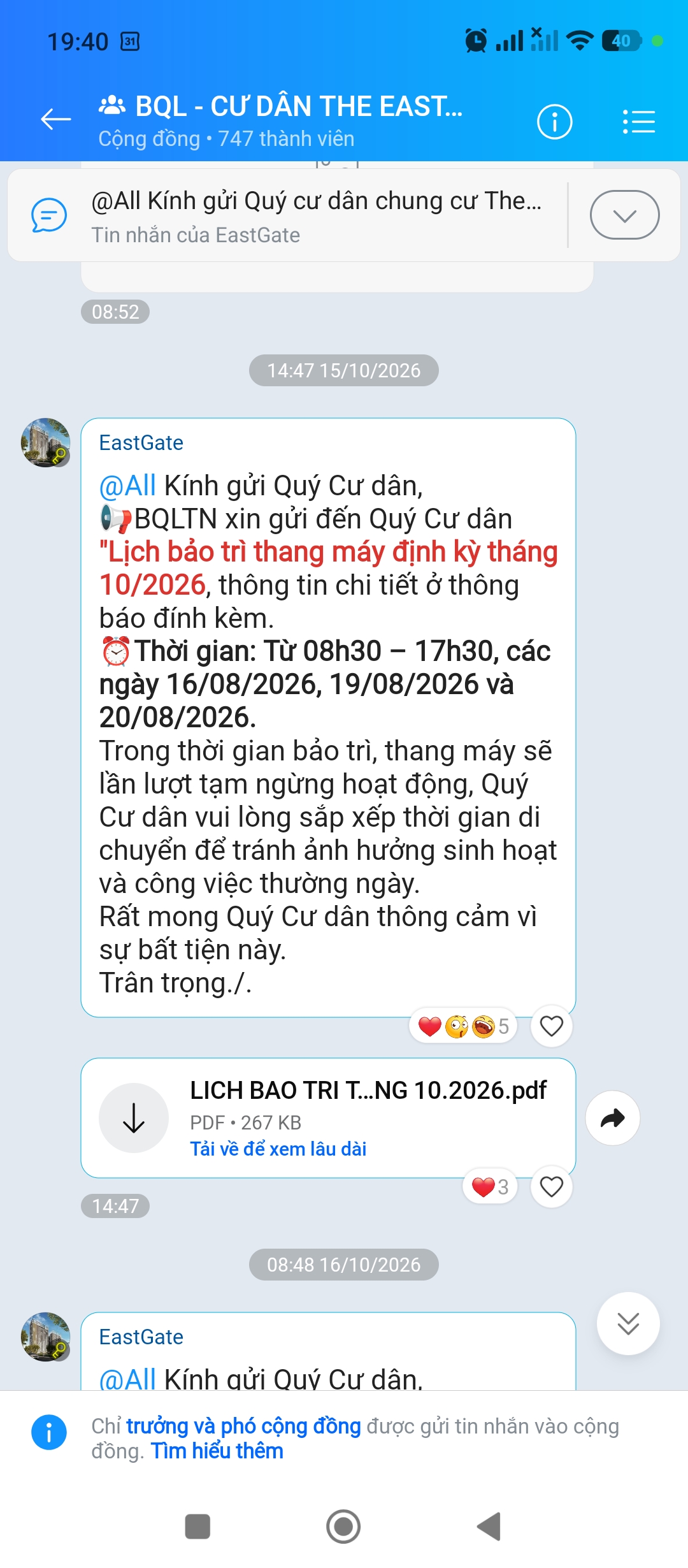 Ảnh chụp thông báo Ban quản lý: Thông báo bảo trì thang máy