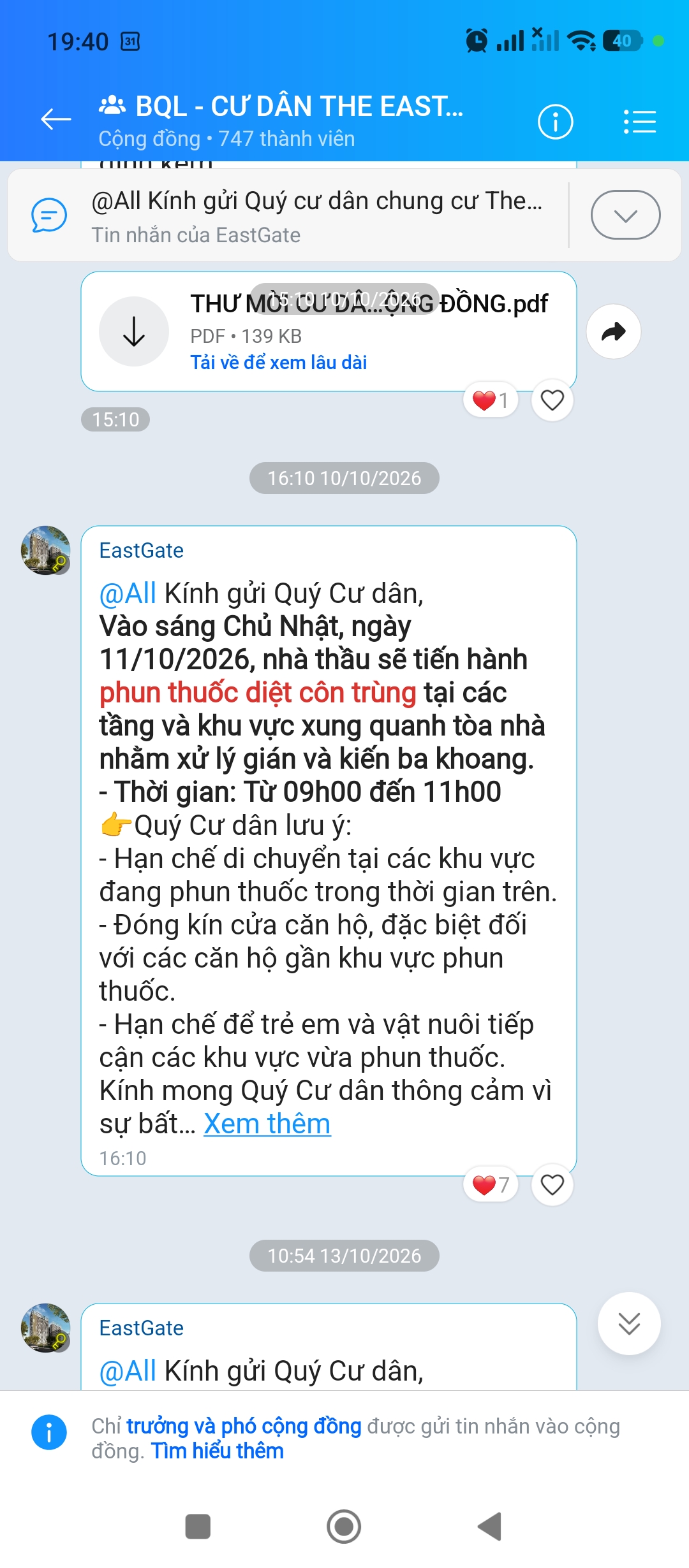 Ảnh chụp thông báo Ban quản lý: Thông báo phun thuốc diệt côn trùng
