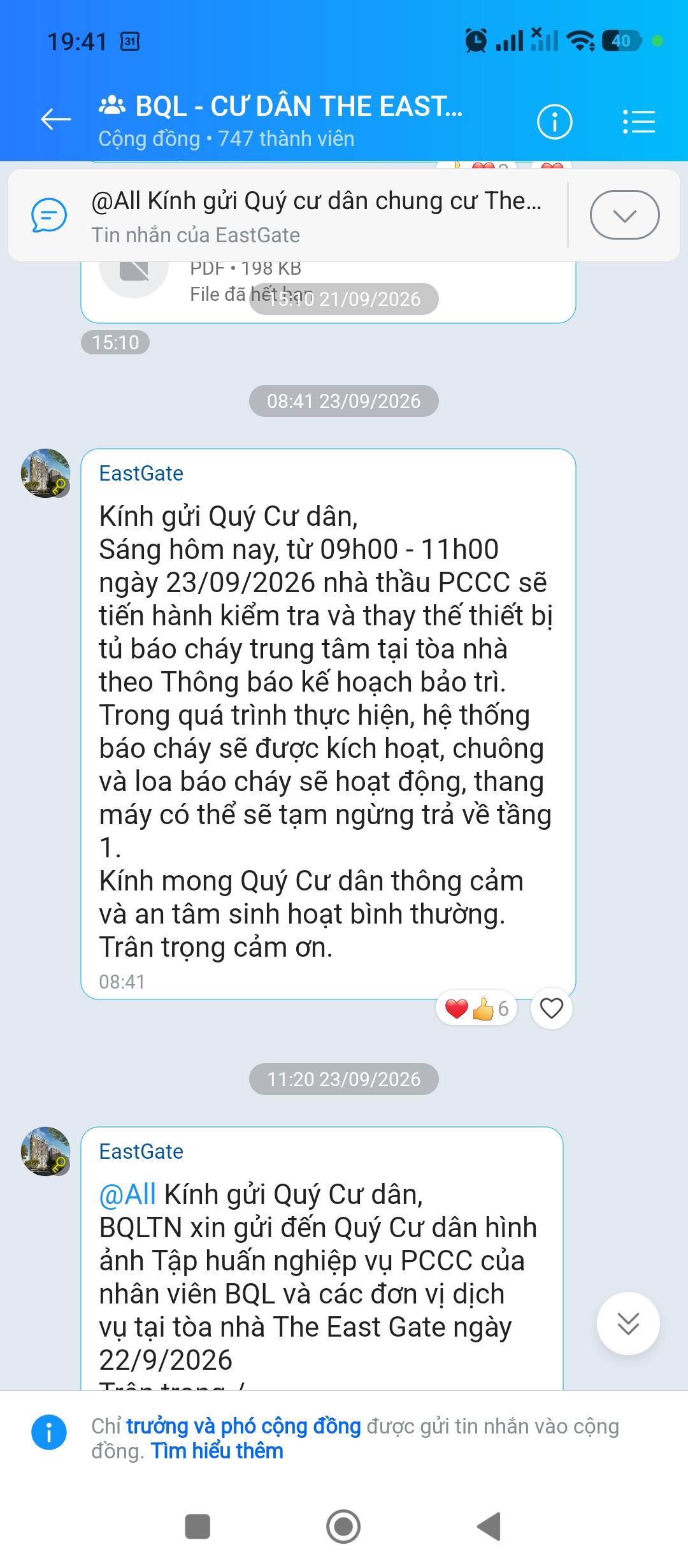 Ảnh chụp thông báo Ban quản lý: Kiểm tra và thay thế thiết bị báo cháy