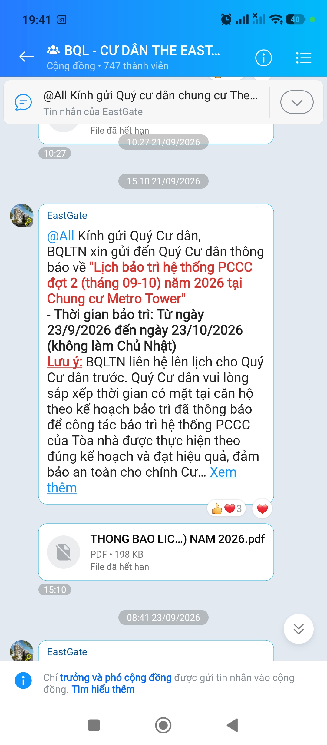 Ảnh chụp thông báo Ban quản lý: Kế hoạch bảo trì hệ thống PCCC