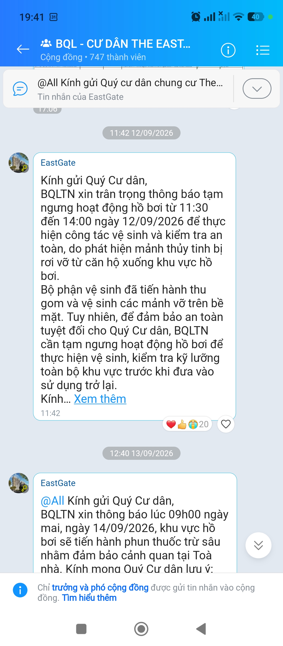 Ảnh chụp thông báo Ban quản lý: Thông báo vệ sinh và an toàn hồ bơi